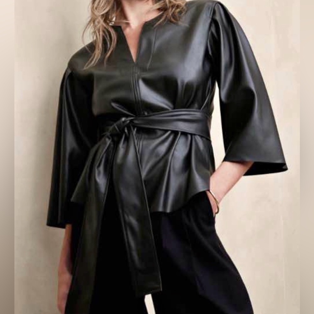 Banana Republic Black Faux-Leather Tie-Waist Top Size S NWT